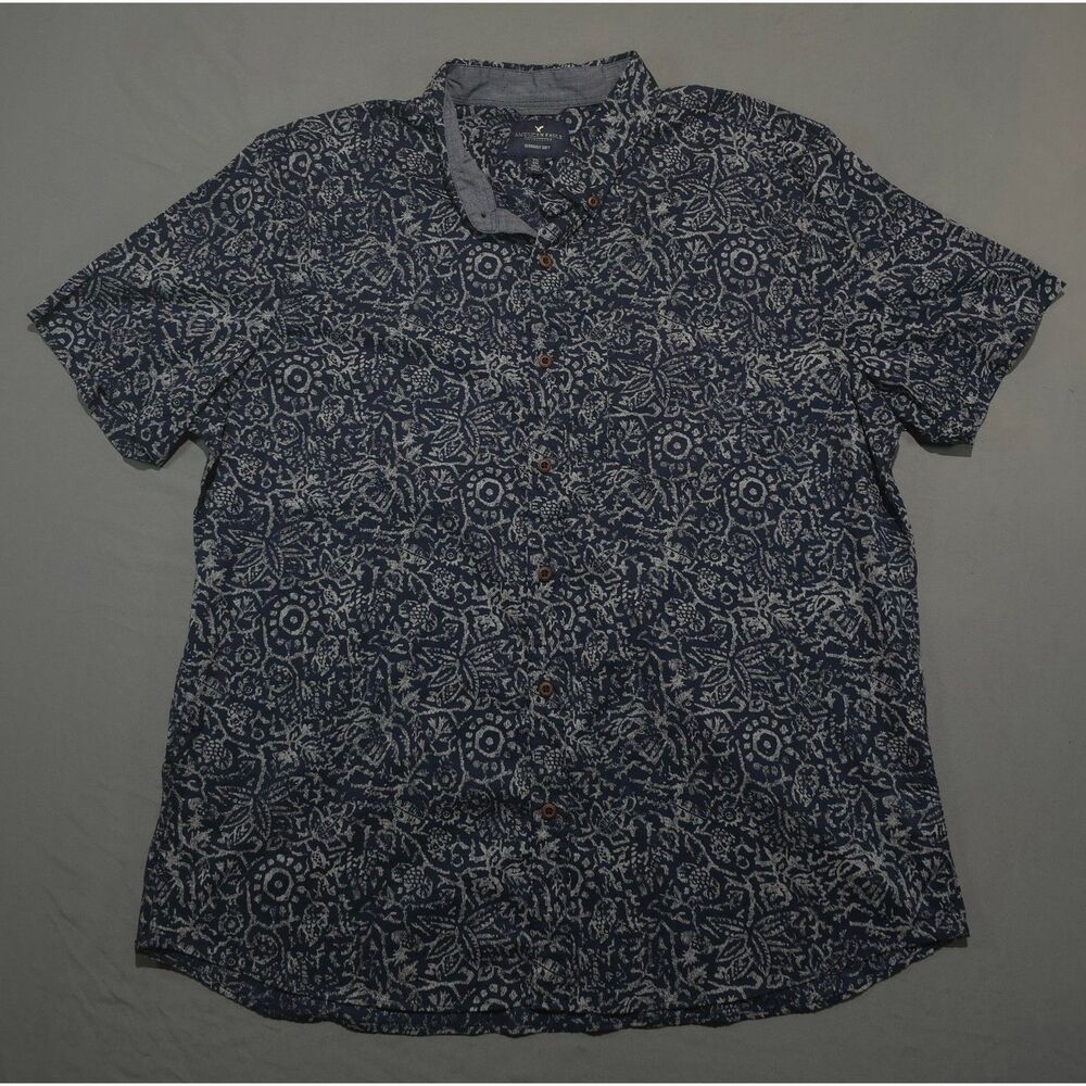 American Eagle Mens XXL Short Sleeve Button Down Shirt Floral Paisley Blue White